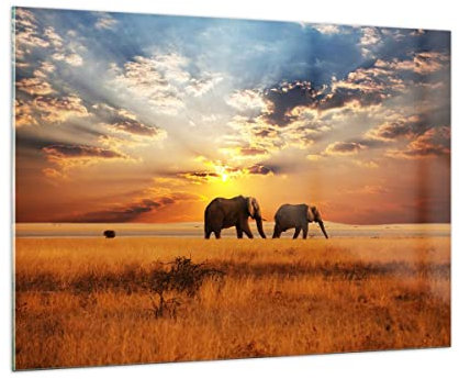 Moderne Impression sur Verre 100x70cm Image Tableau en Verre Decoration Murale Les éléphants Safari jungle buisson Grand Tableaux Decoratifs Muraux Chambre Horizontal Deco Salon Art GAA100x70-3150