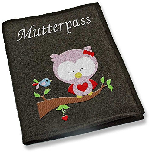 Mutterpass Mutterpasshülle Filz Eule Vogel bestickt Farbwahl schwarz weiß grau rot blau lila pink Handarbeit (schwarz)