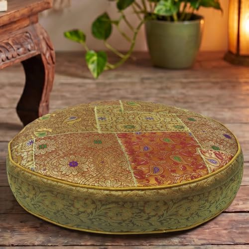 GURU SHOP Orientalisches Rundes Patchwork Kissen 40 cm, Sitzkissen, Bodenkissen mit Baumwollfüllung - Goldgelb