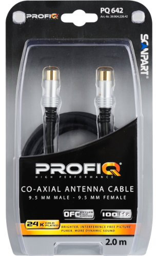Scan Part Profi Q Coax Antennenkabel (24k vergoldet, doppelt abgeschirmt, 9,5mm Stecker zu 9,5mm Kupplung, 2m) mit Ferritfilter