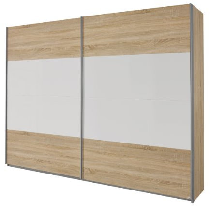 Rauch Möbel Quadra Kleiderschrank, Schwebetürenschrank, 2-türig, inkl. Zubehörpaket Basic 2 Einlegeböden 2 Kleiderstangen, Farbe Eiche Sonoma/Alpinweiß, BxHxT 136x210x62cm