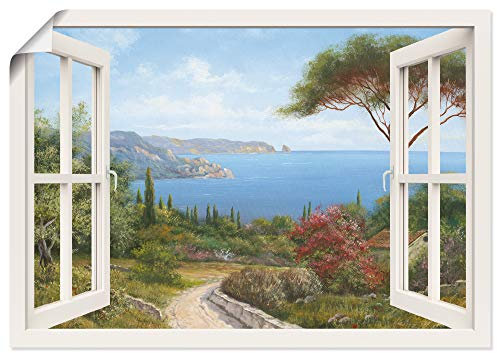 ARTLAND Wanddeko Poster & Kunstdrucke Wandposter Fensterblick Fenster Küste Meer Bucht Landschaft Natur Malerei Kunst T4EF