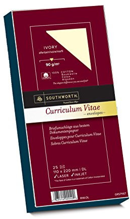 Southworth 90040 Umschläge aus 100% Baumwolle, DIN lang, elfenbein, mit Wasserzeichen 90g/qm, 25 Stück im Karton