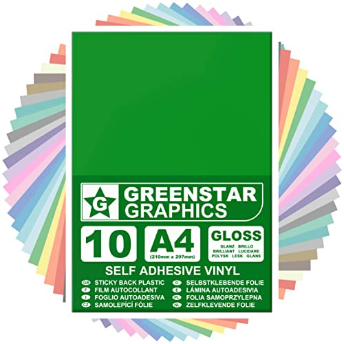 GREENSTAR GRAPHICS Glossy A4 Sticky Back Plastic SELF Adhesive Art & Craft Vinyl (10 Sheet Pack). Compatible with 12” Cricut, Silhouette Cameo/Curio/Portrait, Scan N Cut (Green Gloss 10 A4)