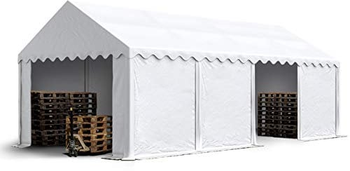 TOOLPORT Lagerzelt 4x8 m Industriezelt Unterstand PVC Plane 750 N weiß mit Bodenrahmen und Dachverstärkung