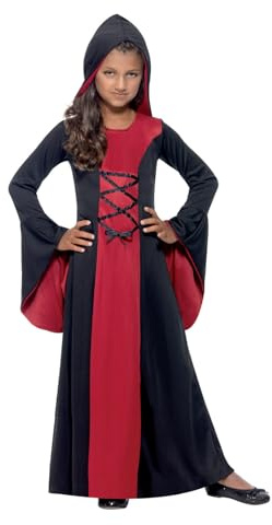 Smiffys Vamp Costume, Red & Black Hooded Dress with Lace-Up Detail, Halloween Child Fancy Dress, Vampire Dress Up Costumes