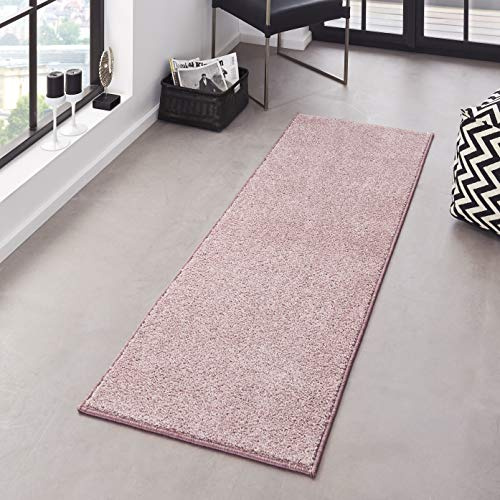 Hanse Home Pure Teppich – Wohnzimmerteppich dichter Kurzflor Robust Schlafzimmerteppich einfarbig Modern für Esszimmer, Wohnzimmer, Kinderzimmer, Flur, Schlafzimmer, Küche – Rosa, 80x400cm