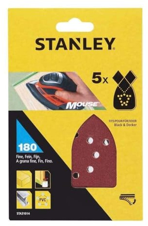 Stanley Mouse Schleifpapier (Körnung K180, feine gekörnt, mit Klett-Fix, passend für Black+Decker Kompakt-Mouse) STA31014