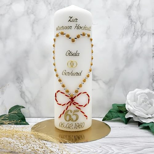Kerze eiserne Hochzeit mit Namen & Datum EH-02g HANDARBEIT - Geschenkverpackung/Kerzenständer optional