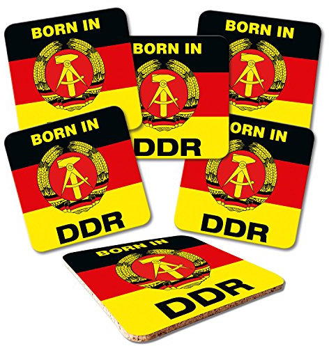 ADDIES Glas-Untersetzer 6-TLG.Set „OSTalgie in hochwertiger Klarsicht-Geschenkbox und Korkrückseite, eckig, Motiv-DDR-2