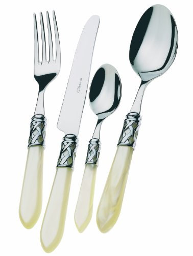 BUGATTI, Aladdin, Set Posate 24 Pezzi in Acciaio Inox 18/10, Ghiera Cromata e Manico Colore Avorio Effetto Madreperla. Set Posate 6 Persone: 6 cucchiai, 6 forchette, 6 coltelli e 6 cucchiaini caffè