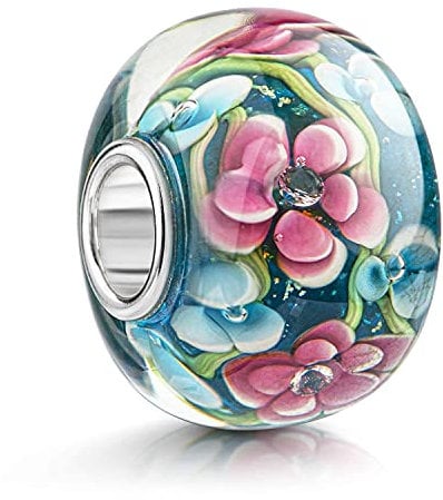 Materia Verre de Murano Bead Fleurs avec douille argent 925 Rose Bleu Vert 12 x 15 mm pour collier ou bracelet # 1471