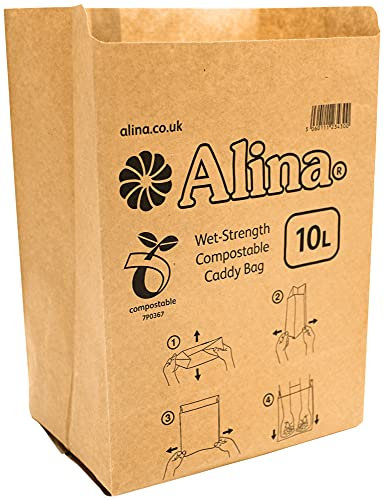Alina Bolsa de papelera compostable/revestimiento de basura de alimentos/saco de papel biodegradable de 10 litros Marrón 50 bolsas
