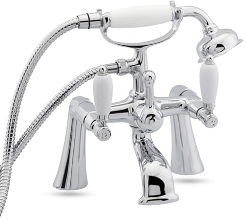Deva Georgian Bath Shower Mixer Tap Kit - Chrome Finish Traditional Style Bath Tap - 3/4 BSP - WRAS KIWA Approved - White Single Lever Easy Turn Handles - 12 Year Warranty GE03