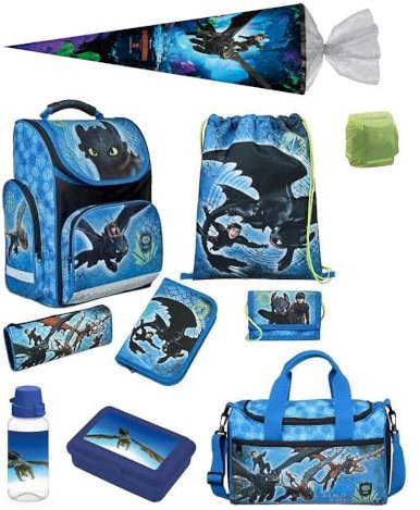 Familando Schulranzen 1. Klasse · ergonomischer Tornister · Schultasche für Jungen und Mädchen (Komplett Set mit Schultüte, Dragons - Drachenzähmen Drache)