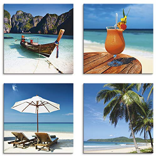 ARTLAND Wanddeko Strandbilder Leinwand Bilder Set 4 tlg. je 40x40 cm Quadratisch Wandbilder Landschaft Thailand Strand Maya Bay Frucht Cocktail S6PH