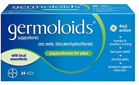Germoloids Haemorrhoid Treatment & Piles Treatment Suppositories, Triple Action with Anaesthetic to Numb the Pain & Itch, 55 g, 24 Count (Pack of 1)