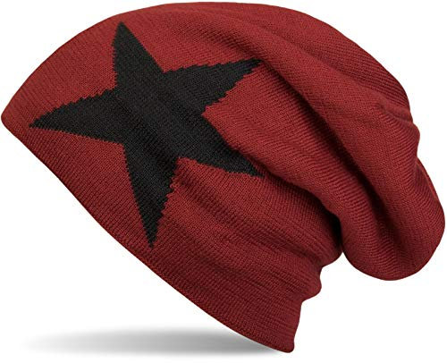 styleBREAKER warme Klassische Strick Beanie Mütze mit Stern und sehr weichem Innenfutter, Unisex 04024026, Farbe:Rot