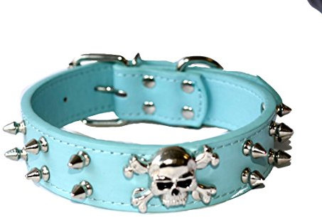 amara-global Totenkopf HUNDEHALSBAND Hunde NIETENHALSBAND Spikeshalsband Kunst Leder Halsband (HEL BLAU, L)
