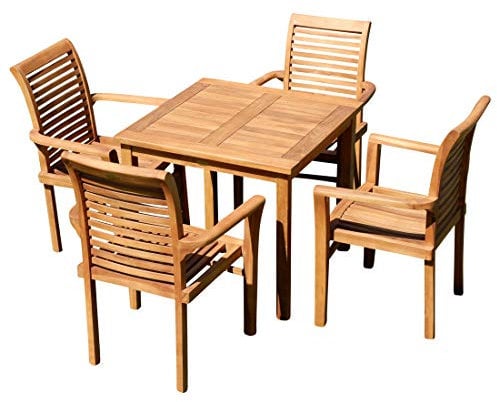 ALEOS. Teak Set Gartengarnitur Gartenset Sitzgruppe Gartentisch 80x80cm mit 4 Stapelsessel Serie Alpen Teakholz Gartenmöbelset Esstischgruppe Sessel stapelbar