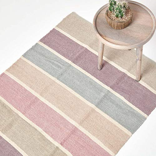 HOMESCAPES waschbarer Chenille Teppich/Läufer 110 x 170 cm, handgewebt aus 100% Baumwolle, blau, beige, lila und grau gestreift