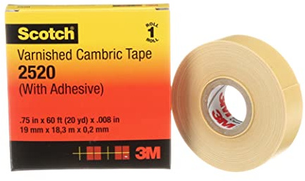 Scotch Varnished Cambric Tape 2520, Flexible, Electrically Insulating, Moisture Resistant, Smooth Finish, Yellow Color, 8 mil, 3/4 in x 60 ft, 1 Roll/Carton, 20 Rolls/Case