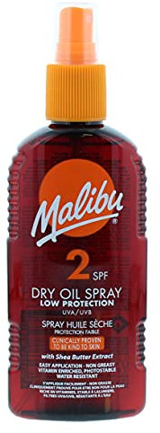 Malibu Wasserabweisendes, nicht fettendes Trockenöl mit niedrigem Schutz, Sonnenspray, LSF 2, 200 ml