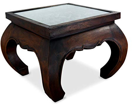 livasia Opiumtisch mit Glasplatte, Massivholztisch, Beistelltisch, Couchtisch mit Elefantenschnitzerei (Dunkelbraun)