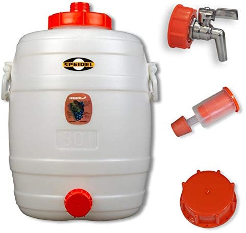 Speidel Most- und Gärfass Kübel Behälter (30L rund) für Fruchtsäfte Wein Glühwein Cider Wasser Getränke | Lebensmittelecht | inkl. Hahn, Gärspund, Deckel