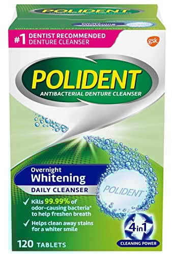 Polident Overnight Whitening Antibacterial Denture Cleanser Effervescent Tablets, 120 count