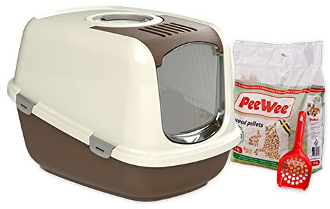 PeeWee Katzentoilette XXL EcoDome Katzenklo mit Haube Katzen WC geschlossen inkl. 3kg Streu Holzpellets, Farbe:Braun-Elfenbein