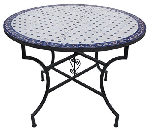 Saharashop Orientalischer Mosaiktisch Rund Ø 100 cm Tawriq Blau-Natur, Terrassentisch, Gartentisch, Mediterraner Fliesentisch, Beistelltisch-Handarbeit, Balkontisch Bistrotisch Kaffeetisch