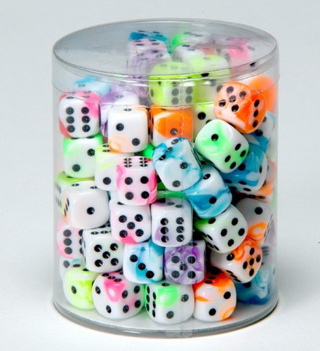 weiblespiele 05150-1 - Acryl-Würfel, Flashy in Dose, 16 mm, 100 Stück, Schwarz,weiß/Blau,weiß/Gelb,weiß/Grün,weiß/Lila,weiß/Orange,weiß/Rot