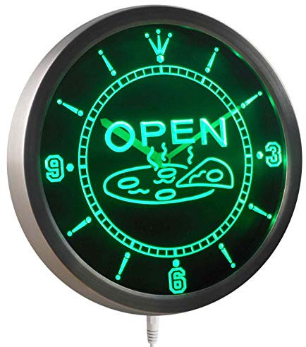 nc0329-g OPEN Pizza Shop Neon Sign LED Wall Clock Uhr Leuchtuhr/Leuchtende Wanduhr