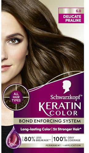 Schwarzkopf Keratin Permanent Hair Dye Cream, 6.0 Delicate Praline, Professional Quality Color for Up to 100% Gray Coverage, Bond Enforcing System