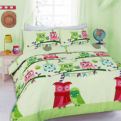 Goldstar® Owl Duvet Cover Animal Printed Bed Linen Quilt Cover Bedding Set with Pillow Case (Double, Cute Owl Mint Green)