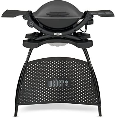 Weber Q1400 Barbecue électrique avec support, surface de cuisson 43 x 32 cm, nomade, grille en fonte émaillée divisée en 2 parties, couvercle et cuve en fonte d'aluminium - Gris foncé (52020853)