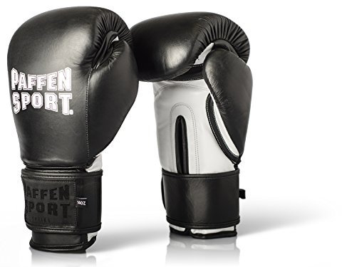 Paffen Sport «PRO Klett» Boxhandschuhe aus echtem Leder für das Training und Sparring im Kampfsport (Schwarz/Weiß, 10UZ)