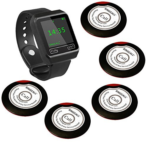 SINGCALL drahtloses Rufsystem,tragbarer Hostrechner wie Armbanduhr,Ruf-Dienst von Küche,Piepser mit einem Knopf,einen Armbanduhr(APE6800) 5 Piepser um