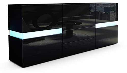 Vladon Sideboard Flow, Made in Germany, Schwarz matt/Schwarz Hochglanz inkl. LED - Moderne Kommode mit Ambient Light Verglasung für Ihr Wohnbereich (177 x 75 x 39 cm)