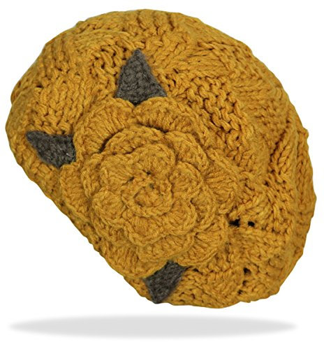 dy_mode Damen Strick Mütze mit Rosen-Blumen in viele Farben/Bunte Strickmütze Wintermütze - A039 (A039-Gelb)