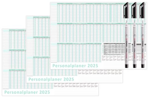 3 Stück Urlaubsplaner/Personalplaner 2025 nass abwischbar mit Folienkaschierung plus 3 Stifte - DIN B1 Format (1000 x 700 mm) bis 22 Mitarbeiter Januar 2025 bis März 2026 mit Schulferien (gerollt!)