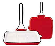Home Grillpfanne Quadratisch mit Emailverkleidung, Gusseisen, Weiß/Rot, 22 cm