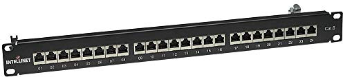 Intellinet 720038 24-Port Cat6 Patchpanel FTP 1 HE (Klemmleisten mit 90 Grad abgewinkelten Kabeleinführungen) geschirmt schwarz