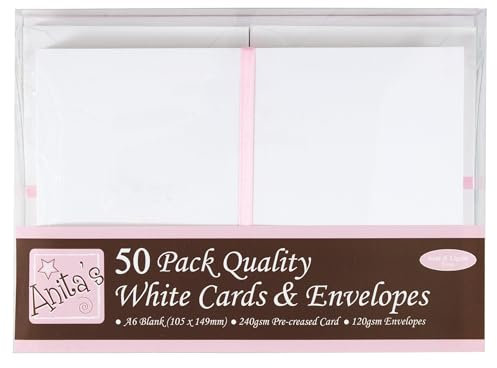 Anita's Plain, Blank Cards & Envelopes, A6, White, Pack of 50, for Home, Wedding, Birthday, Christmas, Thank You, Art & Craft, Scrapbooking Supplies, Baby Shower, Card Making