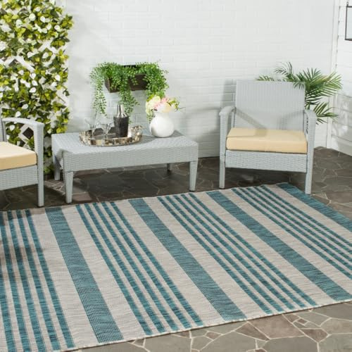 SAFAVIEH Washable Rug Outdoor Courtyard Collection - 6'7 x 9'6, Grey & Blue, Non-Shedding & Easy Cleaning, Ideal for Patio, Backyard, Mudroom (CY8062-37212)