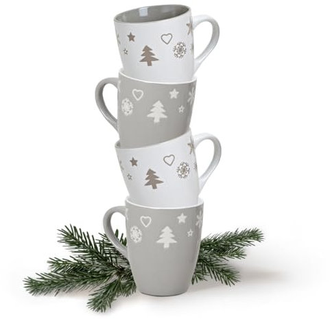 matches21 Tassen Becher Kaffeetassen Kaffeebecher Weihnachtsmotive Weihnachten grau weiß Keramik 4er Set - 11 cm 300 ml