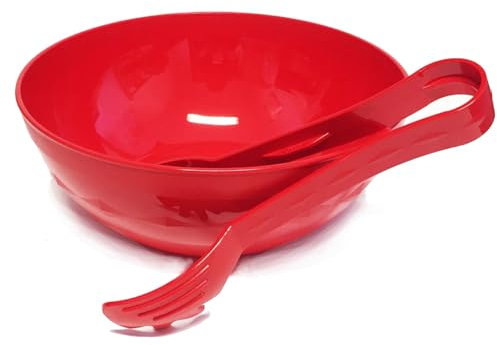 Harfield Red Salad Bowl and Serving Tongs Large Fruit Bowl Virtually Unbreakable Polycarbonate Plastic