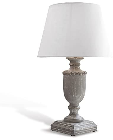 LOBERON Tischlampe Fairland, Traditionelle Handarbeit, Lampenfuß in Klassischer Polalform, Antike Anmutung, Tischleuchte, Baumwolle, Mangoholz, weiß/antikgrau