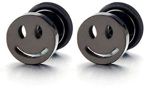 8MM Schwarz Lächelndes Gesicht Ohrstecker Herren Damen Jungen Gestüt Ohrringe Edelstahl Ohrschmuck, 2 Stücke, Rock Punk